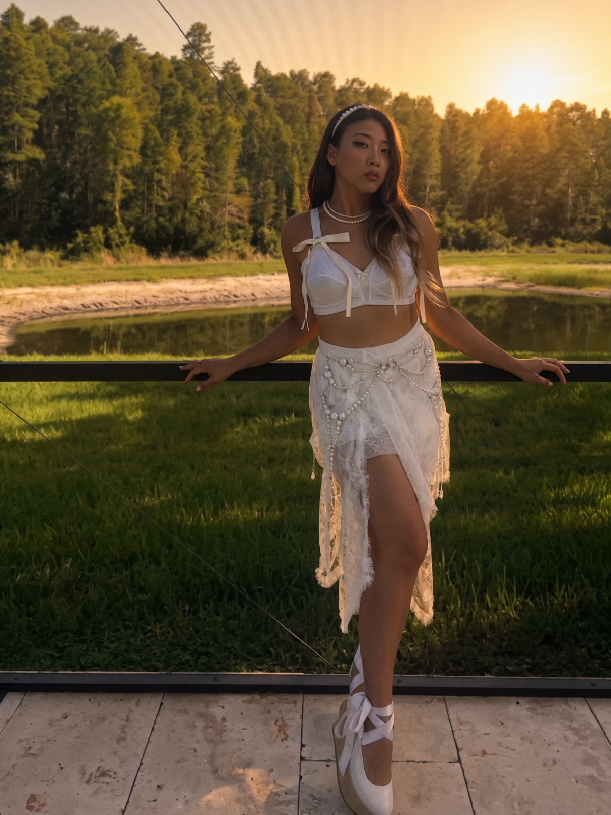Anna K. in a white lace and pearl outfit at sunset by a lake