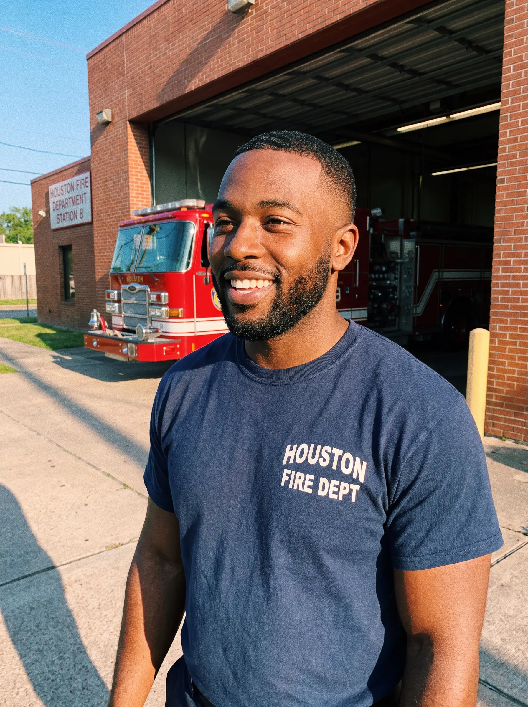 Brandon smiling outside a brick fire station with a red fire engine