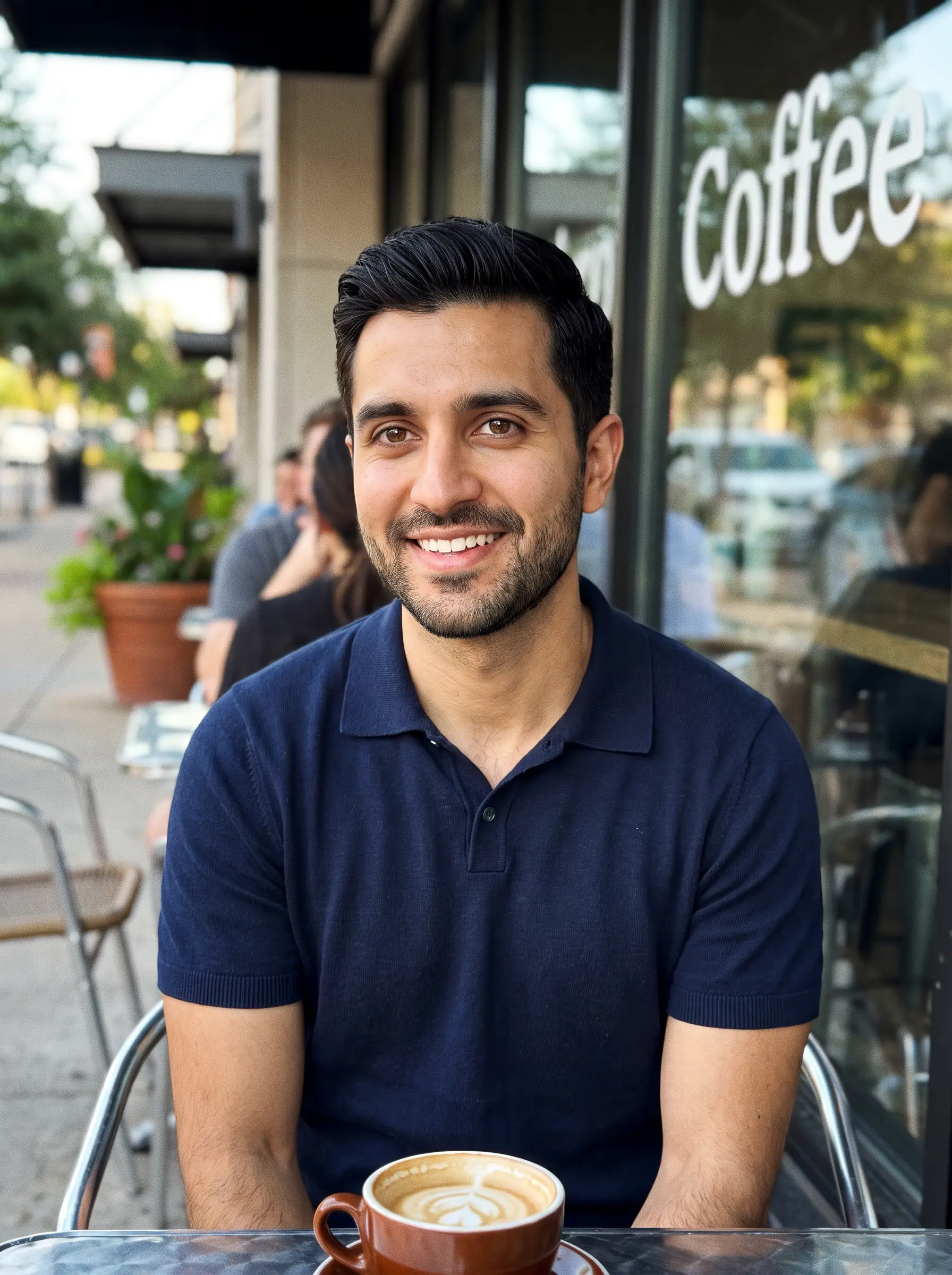 Elias in a navy polo at a sidewalk cafe with a latte