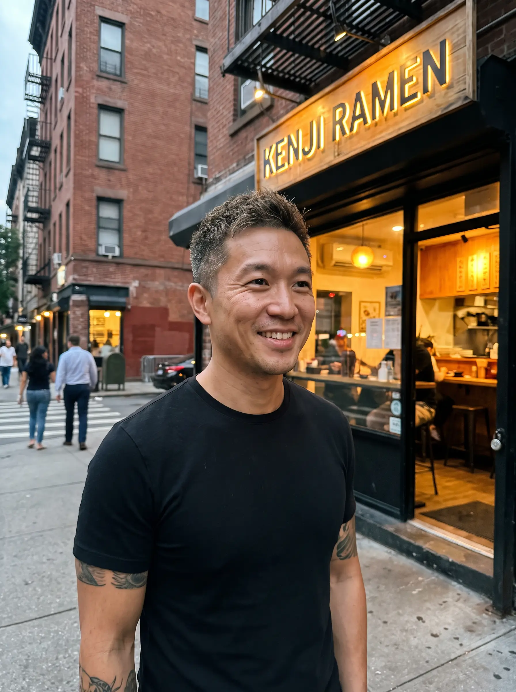 Kevin smiling outside his ramen restaurant at dusk