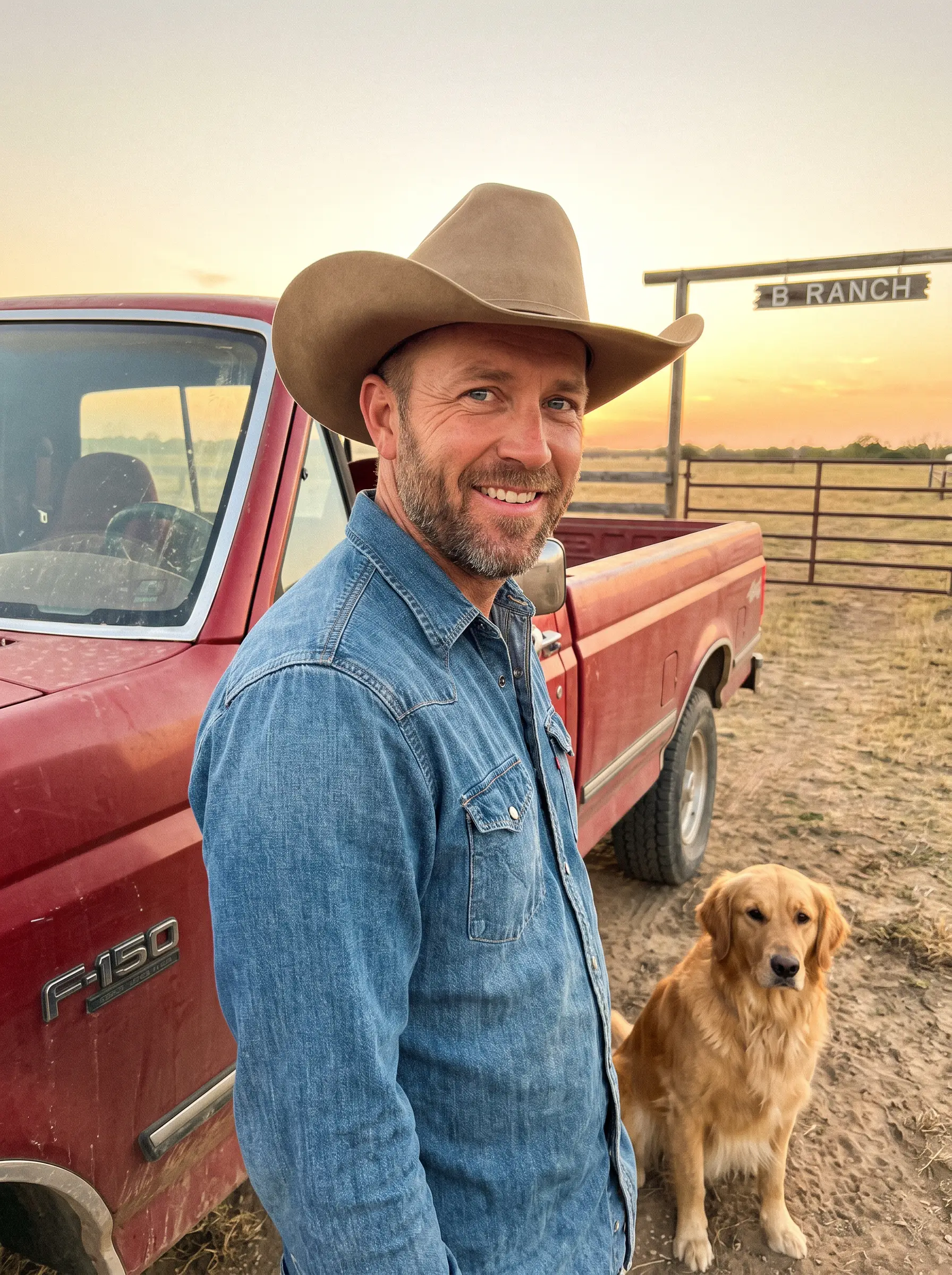 Travis in a cowboy hat beside his red pickup truck and golden retriever at sunset