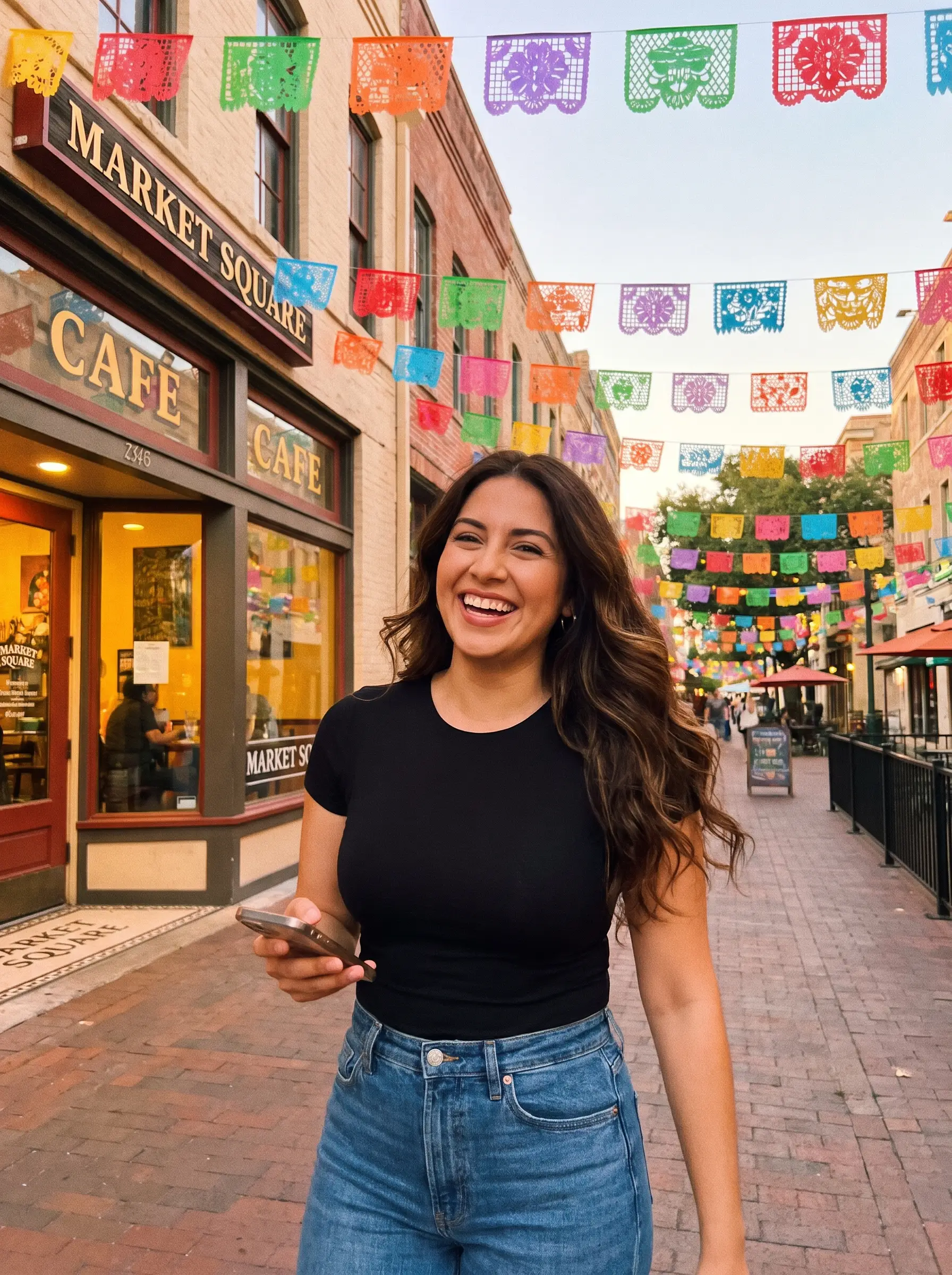 Vanessa laughing on a festive San Antonio street under colorful papel picado